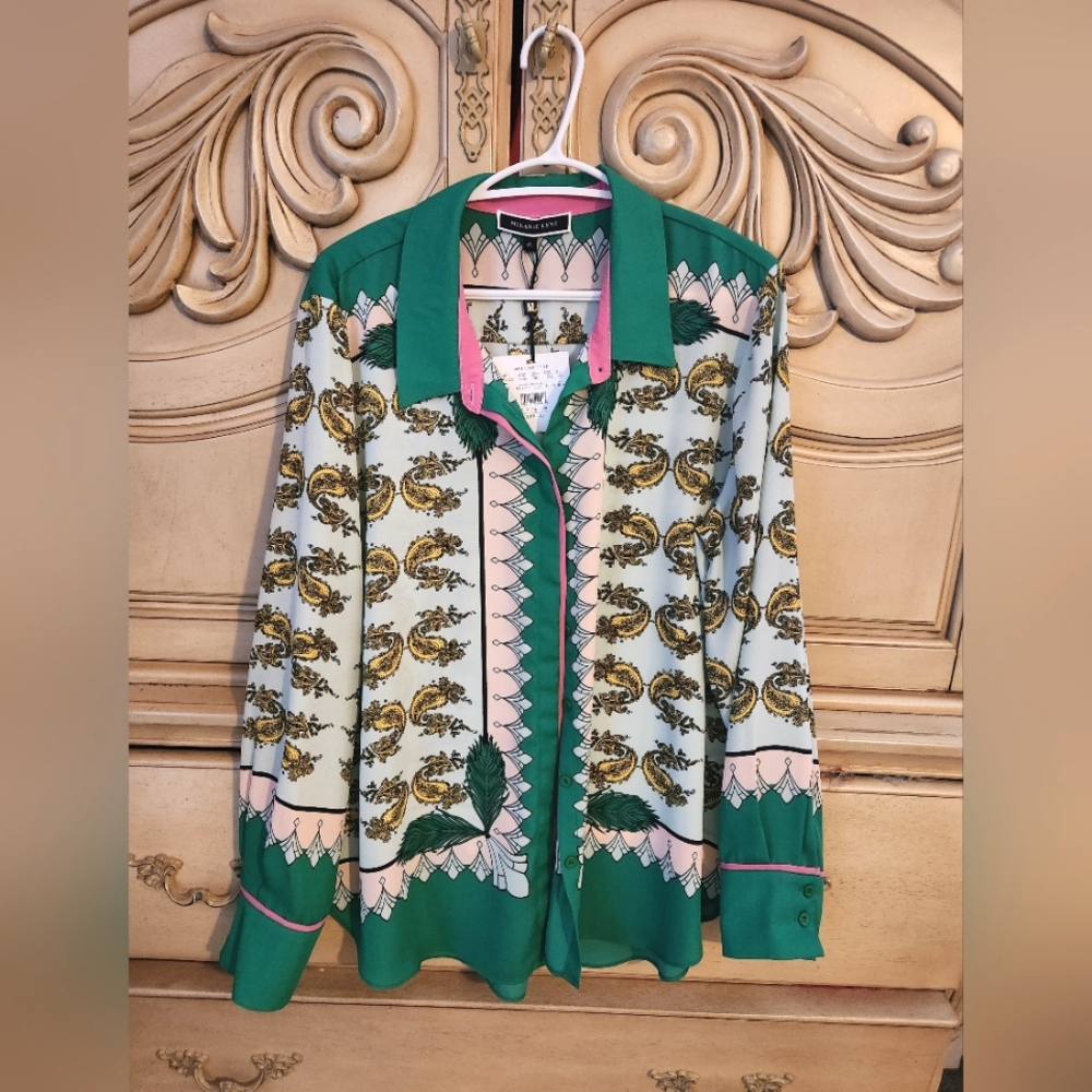 Melanie Lyne Mixed Print Green Blouse size 16